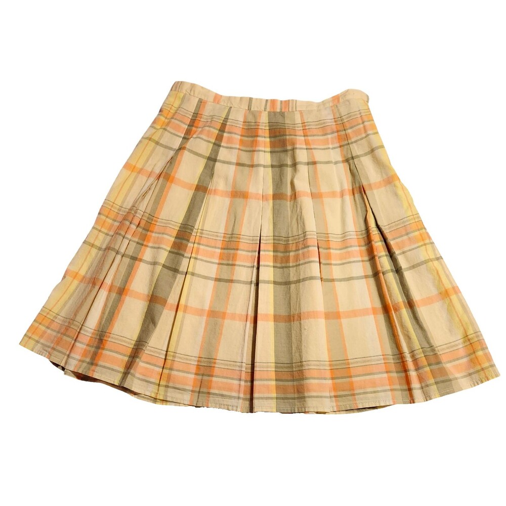 Talbots Pleated Skirt Yellow Orange Green Plaid Cotton Lined Womens Size 10